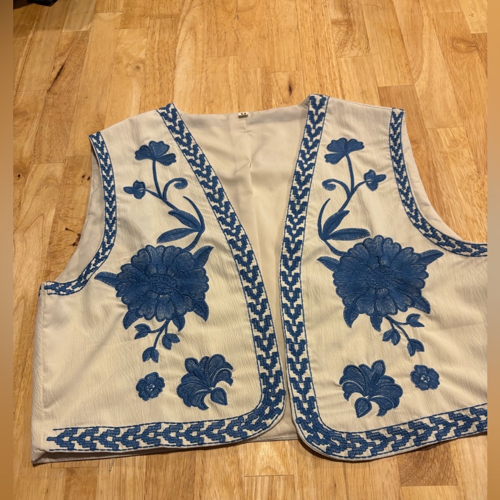 Blue and White Embroidered Vest